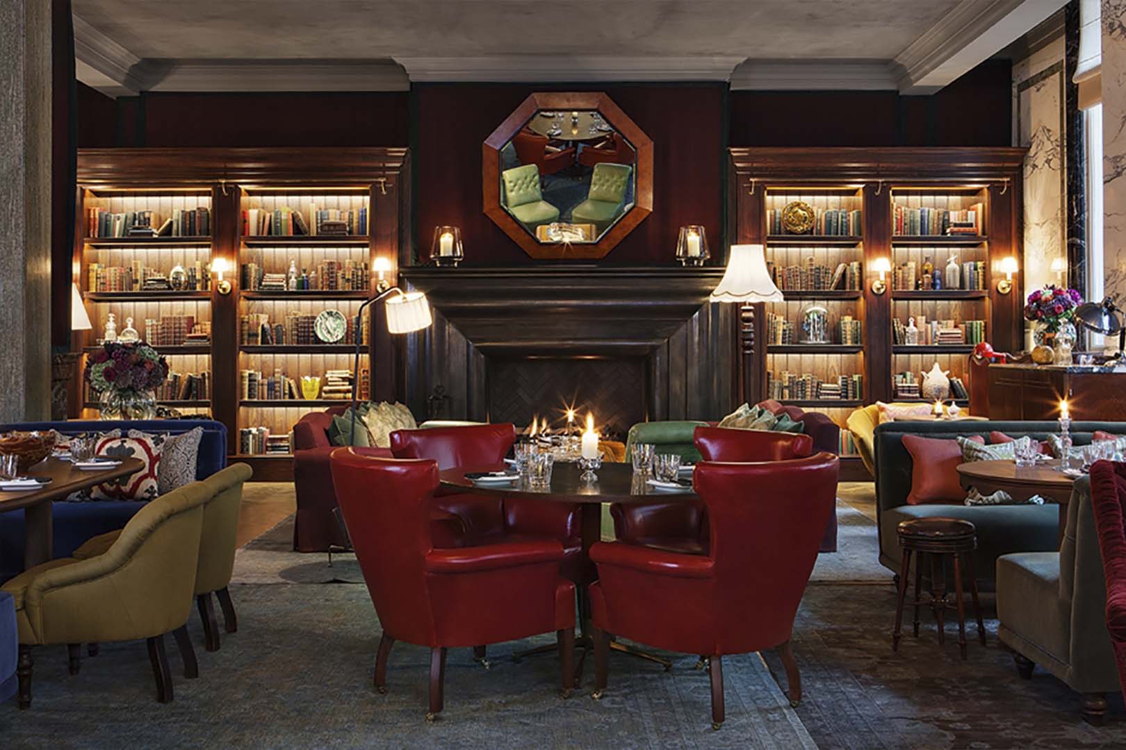 Antique library interior styled with vintage books